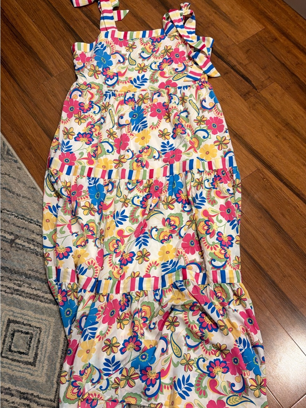 Colorful Floral Tiered Sundress with Striped Accents